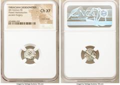 Ancients Greek THRACE. Chersonesus. 4th century BC. AR/AE fourree hemidrachm (12mm). NGC Choice XF, core visible. Ancient forgery of a Chersonesus hemidrachm. Persic standard, ca. 400-350 BC. Forepart