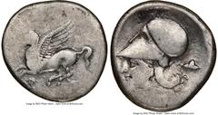 Ancients Greek CORINTHIA. Corinth. 4th century BC. AR stater (22mm, 8h). NGC VF, brushed. Ca. 345-300 BC. Pegasus flying left; Ϙ below / Head of Athena left, wearing Corinthian helmet pushed back on h
