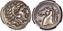 Ancients Greek SICILY. Siculo-Punic. Ca. 300-289 BC. AR tetradrachm (26mm, 16.94 gm, 6h). NGC AU S 5/5 - 5/5, Fine Style. Quaestors issue. Head of young Heracles right, wearing lion skin headdress, pa