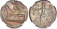 Ancients Greek MACEDONIAN KINGDOM. Demetrius I Poliorcetes (306-283 BC). AR tetradrachm (28mm, 17.87 gm, 12h). NGC Choice AU 5/5 - 3/5, Fine Style, light smoothing. Tarsus, 298-295 BC. Nike standing l