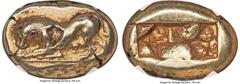 Ancients Greek THRACO-MACEDONIAN. Uncertain city. Ca. 525-475 BC. EL stater (23mm, 13.97 gm). NGC Choice XF 3/5 - 4/5, flan flaw. Lydo-Milesian standard. Lactating lioness advancing left, lowered head
