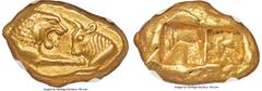 Ancients Greek LYDIAN KINGDOM. Croesus (561-546 BC). AV stater (18mm, 8.05 gm). NGC AU 5/5 - 4/5, light scuff. Sardes, 'light' standard, ca. 553-539 BC. Confronted foreparts of lion right and bull lef