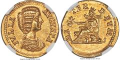 Ancients Roman Imperial Julia Domna (AD 193-217). AV aureus (20mm, 7.12 gm, 12h). NGC Choice AU 5/5 - 4/5. Rome, AD 196-211. IVLIA-AVGVSTA, draped bust of Julia Domna right, seen from front, wearing h