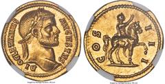 Ancients Roman Imperial Diocletian (AD 284-305). AV aureus (20mm, 5.23 gm, 7h). NGC Choice AU 5/5 - 4/5, scratches. Cyzicus, AD 287-290. DI-OCLETIANVS-AVGVSTVS, laureate head of Diocletian right / COS
