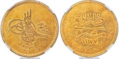 Islamic Dynasties Ottoman Empire. Abdul Aziz gold 500 Qirsh AH 1277 Year 11 (1870/1871) MS63 NGC, Misr mint (in Egypt), KM265, Fr-78 (Rare), Pere-Unl., UBK-pg. 71 (RRRR). Mintage: 200. A supreme condi