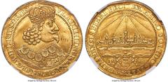 Poland Danzig. Wladislaw IV gold 4 Ducat 1645-GR AU Details (Obverse Graffiti) NGC, Danzig mint, KM-Unl., Fr-20, HCz-1851 (R2), cf. Gum-1607 (RR; this date unlisted), Kaminski/Kurpiewski-253 (R3), Che