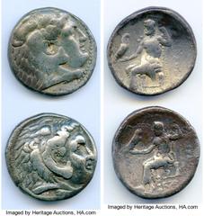Ancients Greek ANCIENT LOTS. Greek. Macedonian Kingdom. Ca. 4th-3rd centuries. Lot of two (2) AR tetradrachms. About Fine. Includes: (2) Mixed rulers, Zeus seated reverse. Lot of two (2) coins. SOLD A