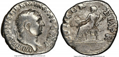 Ancients Roman Imperial Vitellius (July-December AD 69). AR denarius (19mm, 7h). NGC Fine. Rome. A VITELLIVS GERM IMP AVG TR P, laureate head of Vitellius right / CONCOR-DIA P R, Concordia seated left