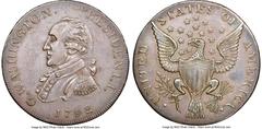 Washingtonia 1792 Washington Getz Pattern Cent, Small Eagle, Copper, AU53 NGC. Baker-25, W-10775, Musante GW-22, High R.5. Plain Edge, 32 mm. 255 grains, according to Fuld. The Narrow Flan variant of 