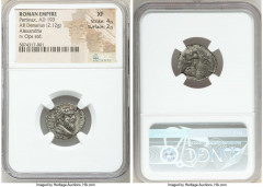 Ancients Roman Imperial Pertinax (1 January-28 March AD 193). AR denarius (18mm, 2.12 gm, 6h). NGC XF 4/5 - 2/5. Alexandria. IMP CAES P HELV-PERTIN AVG, laureate head of Pertinax right / OPI•DIVIN-TR 