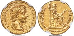 Ancients Roman Imperial Tiberius (AD 14-37). AV aureus (19mm, 7.76 gm, 7h). NGC MS 5/5 - 3/5. Lugdunum, ca. AD 14-17. TI CAESAR DIVI-AVG F AVGVSTVS, laureate head of Tiberius right / PONTIF-MAXIM, Liv