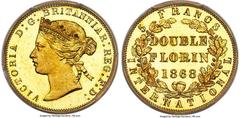 Great Britain Victoria gold Proof Pattern Double Florin (5 Francs) 1868 PR65 Deep Cameo PCGS, KM-PnS115, W&R-372 (R4). Plain edge. By William Wyon. Known for his extraordinary skills as an engraver, W