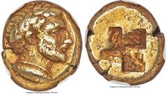 Ancients Greek MYSIA. Cyzicus. Ca. 450-350 BC. EL sixth-stater or hecte (10mm, 2.65 gm). NGC Choice VF 4/5 - 4/5. Laureate, bearded male head right (Timoetheos of Athens or Philip II of Macedon?); tun