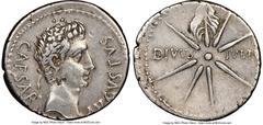 Ancients Roman Imperial Augustus (27 BC-AD 14). AR denarius (20mm, 3.87 gm, 6h). NGC Choice VF 5/5 - 3/5, bankers mark. Spain, Caesaraugusta (?), 19-18 BC. CAESAR-AVGVSTVS, head of Augustus right, wre