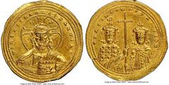 Ancients Byzantine Basil II Bulgaroctonos (AD 976-1025) with Constantine VIII. AV histamenon nomisma (24mm, 4.41 gm, 6h). NGC Choice AU 5/5 - 3/5, brushed. Constantinople, AD 989-1001. + IhS XIS RЄX R
