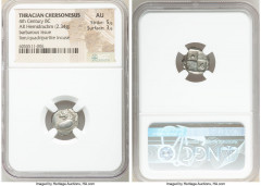 Ancients Greek BARBAROUS ISSUE. Thrace. Chersonesus. Ca. 4th century BC. AR hemidrachm (12mm, 2.34 gm). NGC AU 5/5 - 3/5. Contemporary imitative issue copying a Chersonesus hemidrachm. Forepart of lio