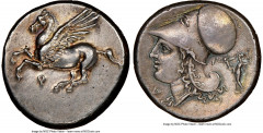 Ancients Greek CORINTHIA. Corinth. Ca. early-mid 4th century BC. AR stater (21mm, 8.47 gm, 8h). NGC AU 5/5 - 4/5, Fine Style, brushed. Pegasus with pointed wing flying left, Ϙ below / Head of Athena l