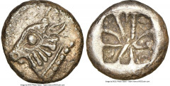 Ancients Greek LYCIA. Uncertain mint. Ca. 520-460 BC. AR third-stater (14mm, 3.05 gm). NGC Choice AU 5/5 - 2/5. Predynastic period. Head of bull or calf left, wearing jeweled collar / Incuse square wi