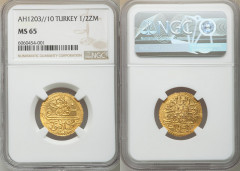 Islamic Dynasties Ottoman Empire Ottoman Empire. Selim III gold 1/2 Zeri Mahbub AH1203 Year 10 (1797/1798) MS65 NGC, Islambul mint (in Turkey), KM517, Fr-80. HID05401242017 © 2020 Heritage Auctions | 