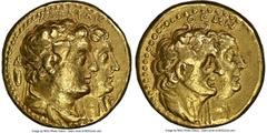 Ancients Greek PTOLEMAIC EGYPT. Ptolemy II Philadelphus (285/4-246 BC), with Arsinöe II, Ptolemy I, and Berenice I. AV pentekontadrachmon (50 drachm) or tetradrachm (half-mnaieion) (20mm, 13.87 gm, 12