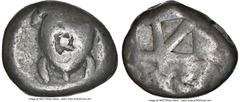 Ancients Greek SARONIC ISLANDS. Aegina. Ca. 525-480 BC. AR stater (20mm, 12.23 gm). NGC Fine 3/5 - 3/5, countermark. Sea turtle, viewed from above, head turned sideways, with "T" back and trefoil coll