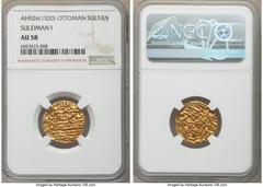 Islamic Dynasties Ottoman Empire Ottoman Empire. Suleyman I (AH 926-974 / AD 1520-1566) gold Sultani AH 926 (AD 1520/1521) AU58 NGC, Misr mint (in Egypt), A-1317. HID05401242017 © 2020 Heritage Auctio
