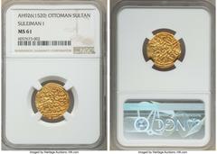 Islamic Dynasties Ottoman Empire Ottoman Empire. Suleyman I (AH 926-974 / AD 1520-1566) gold Sultani AH 926 (AD 1520/1521) MS61 NGC, Sidrekipsi mint (in Greece), A-1317. HID05401242017 © 2020 Heritage