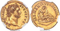 Ancients Roman Imperial Domitian, as Augustus (AD 81-96). AV aureus (20mm, 7.60 gm, 7h). NGC MS 5/5 - 3/5, Fine Style. Rome, AD 88. DOMITIANVS-AVGVSTVS•, laureate head of Domitian right / GERMANICVS C