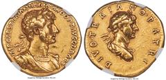 Ancients Roman Imperial Hadrian (AD 117-138), with Divus Trajan. AV aureus (19mm, 7.19 gm, 7h). NGC XF 5/5 - 2/5, Fine Style, edge marks, brushed, scuffs. Rome, August-December AD 117. IMP CAES TRAIAN