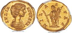 Ancients Roman Imperial Julia Domna (AD 193-217). AV aureus (21mm, 7.31 gm, 11h). NGC Gem MS 5/5 - 5/5. Rome, ca. AD 198-200. IVLIA-AVGVSTA, draped bust of Julia Domna right, seen from front, wearing 