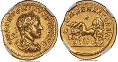 Ancients Roman Imperial Elagabalus (AD 218-222). AV aureus (21mm, 6.59 gm, 6h). NGC Choice XF 5/5 - 3/5. Rome, AD 220-222. IMP ANTONINVS PIVS AVG, laureate, draped, and cuirassed bust of Elagabalus ri