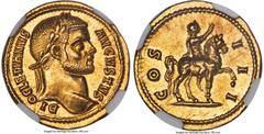 Ancients Roman Imperial Diocletian (AD 284-305). AV aureus (20mm, 5.23 gm, 7h). NGC Choice AU 5/5 - 4/5, scratches. Cyzicus, 1/60 of the Roman pound standard, AD 287-290. DI-OCLETIANVS-AVGVSTVS, laure