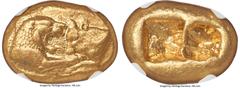 Ancients Greek LYDIAN KINGDOM. Croesus (561-546 BC). AV stater (18mm, 10.71 gm). NGC Choice AU 5/5 - 5/5. Sardes, "heavy" standard, ca. 561-550 BC. Confronted foreparts of lion right and bull left, bo