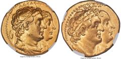 Ancients Greek PTOLEMAIC EGYPT. Ptolemy II Philadelphus (285/4-246 BC), with Arsinöe II, Ptolemy I, and Berenice I. AV mnaieion or octodrachm (27mm, 27.67 gm, 12h). NGC AU S 5/5 - 5/5. Alexandria, ca.