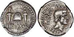 Ancients Roman Republic Marcus Junius Brutus, Assassin of Caesar and Imperator (44-42 BC). AR denarius (18mm, 3.61 gm, 12h). NGC XF 4/5 - 3/5, bankers mark, test cut. Mint moving with Brutus in northe
