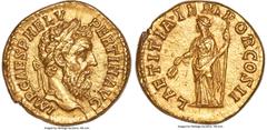 Ancients Roman Imperial Pertinax (1 January-28 March AD 193). AV aureus (20mm, 7.08 gm, 7h). Choice AU, Fine Style, edge filing. Rome. IMP CAES P HELV-PERTIN•AVG, laureate head of Pertinax right / LAE