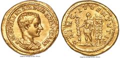 Ancients Roman Imperial Diadumenian, as Caesar (AD 217-218). AV aureus (21mm, 7.22 gm, 12h). XF, reengraved. Rome. M OPEL ANT DIADVMENIAN CAES, bare headed, draped bust of Diadumenian right, seen from