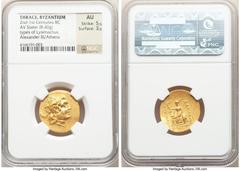 Ancients Greek THRACE. Byzantium. Ca. 2nd-1st centuries BC. AV stater (22mm, 8.40 gm, 11h). NGC AU 5/5 - 3/5. Posthumous issue in the name and types of Lysimachus of Thrace, ca. 100-96 BC. Diademed he