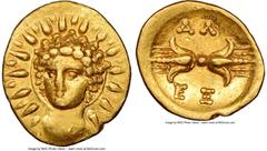 Ancients Greek EPIROTE KINGDOM. Alexander the Molossian (ca. 334-330 BC) AV 1/12 stater or hemilitron (9mm, 0.62 gm, 3h). NGC AU S 5/5 - 5/5. Radiate head of Helios facing, turned slightly left / AΛ/E