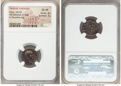 Ancients Roman Imperial Otho (January-April AD 69). AR denarius (17mm, 3.16 gm, 6h). NGC Choice VF 4/5 - 3/5. Rome. IMP M OTHO CAESAR AVG TR P, bare, bewigged head of Otho right / SECV-RI-TAS P R, Sec