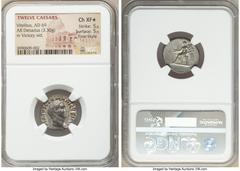 Ancients Roman Imperial Vitellius (16 April-22 December AD 69). AR denarius (19mm, 3.30 gm, 6h). NGC Choice XF S 5/5 - 5/5, Fine Style. Rome, April-December AD 69. A VITELLIVS GERMANICVS IMP, bare hea
