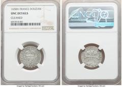 France Louis XIV Douzain (15 Deniers) 1658-A UNC Details (Cleaned) NGC, Paris mint, KM197, Ciani-1976, Breen-273 (Extremely Rare; Wrong type pictured), Gad-86 (R4), Dup-1579, L4L-169 (R4). 1.83gm. An 