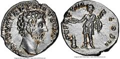 Ancients Roman Imperial Marcus Aurelius, as Caesar (AD 161-180). AR denarius (17mm, 3.55 gm, 6h). NGC AU 4/5 - 4/5. AD 153-154. AVRELIVS CAES ANTON AVG, bare head of Marcus Aurelius right / TR POT VII