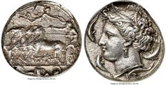 Ancients Greek SICILY. Syracuse. Time of Dionysius I (405-370 BC). AR decadrachm (34mm, 43.56 gm, 3h). NGC AU 4/5 - 4/5, Fine Style, flan flaw. Unsigned dies in the style of Euainetos, ca. 400 BC. Rac