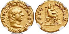 Ancients Roman Imperial Vitellius (16 April-22 December AD 69). AV aureus (19mm, 7.34 gm, 6h). NGC VF 5/5 - 3/5. Rome. A VITELLIVS GERM IMP AVG TR P, laureate head of Vitellius right / PONT-MAXIM, Ves