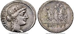 Ancients Roman Republic Q. Servilius Caepio (M. Junius) Brutus, as Moneyer (54 BC). AR denarius (19mm, 3.31 gm, 5h). NGC XF 4/5 - 3/5. Rome. LIBERTAS, head of Libertas right, wearing pendant earring a