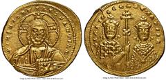 Ancients Byzantine Basil II Bulgaroctonos (AD 976-1025), with Constantine VIII. AV tetarteron nomisma (21mm, 4.23 gm, 6h). NGC Choice AU 5/5 - 4/5. Constantinople, AD 1005-1025. +IhS XIS RЄX RЄϚNANTIh