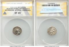 Ancients Greek SELEUCID KINGDOM. Antiochus VI Dionysus (144-142 BC). AR drachm (16mm, 2h). ANACS XF 45, corroded. Antioch on the Orontes, dated Seleucid Era Year 169 (144/3 BC). Diademed, radiate head