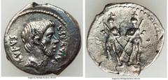 Ancients Roman Republic L. Servius Rufus (ca. 43 BC). AR/AE fourree plated denarius (19mm, 2.88 gm, 2h). AU, corrosion. Ancient counterfeit of Rome. L•SERVIVS-RVFVS, bare head of Brutus (?) right / Th
