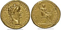 Ancients Roman Imperial Tiberius (AD 14-37). AV aureus (19mm, 7.75 gm, 7h). NGC XF 5/5 - 2/5, ex-jewelry. Lugdunum, ca. AD 14-17. TI CAESAR DIVI-AVG F AVGVSTVS, laureate head of Tiberius right / PONTI